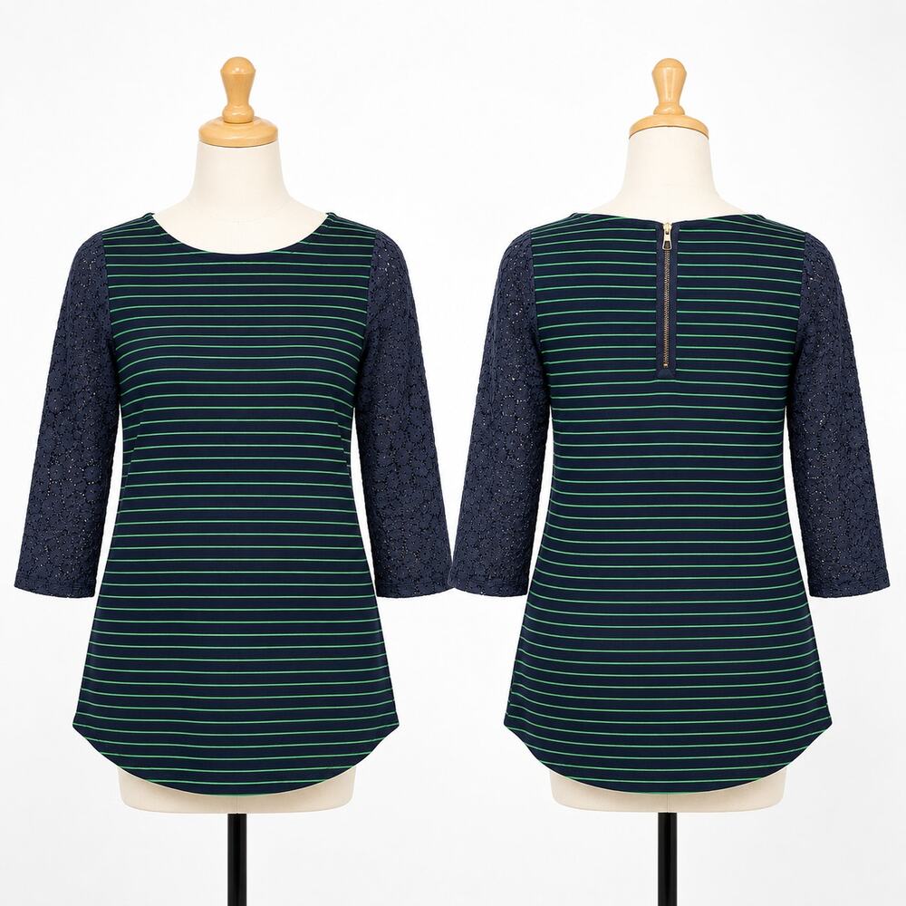 Postmark Anthropologie Navy Green Striped Tunic Top Women’s L Lace Sleeve NWT